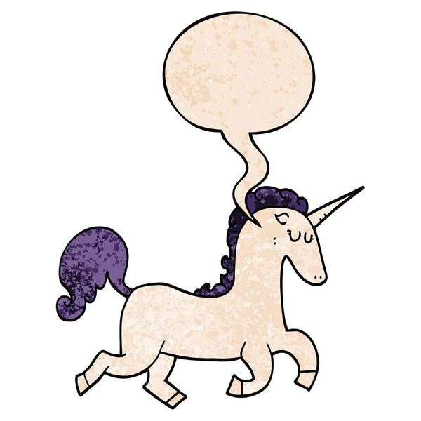 Desen animat unicorn și bulă de vorbire în stil retro textură — Vector de stoc