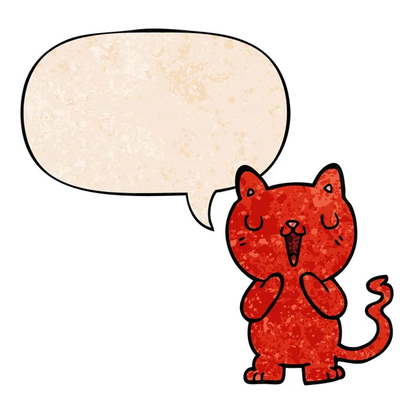 Cartoon kat en toespraak bubble in retro textuur stijl — Stockvector