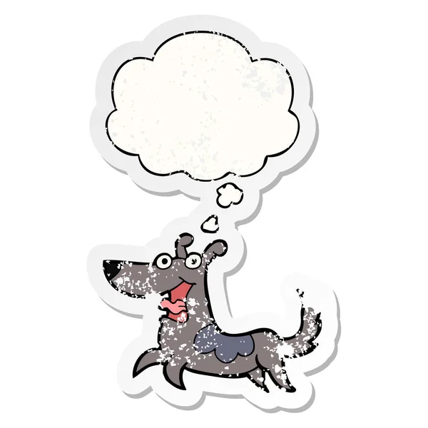 Happy Dog Cartoon und Gedankenblase als bekümmerter verschlissener Stick — Stockvektor