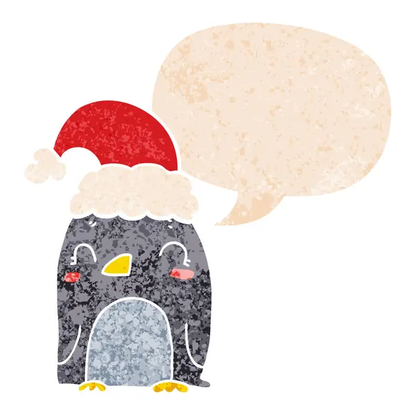 Mignonne pingouin de Noël et bulle de parole dans un style texturé rétro — Image vectorielle