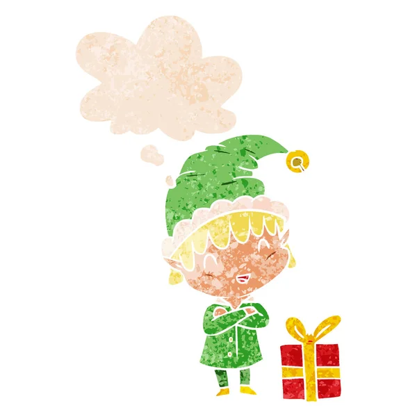 Cartoon happy christmas elf and thought bubble in retro textured — Stock Vector