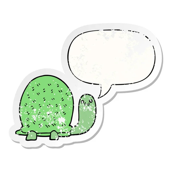 Cute cartoon turtle and speech bubble distressed sticker — Stock Vector