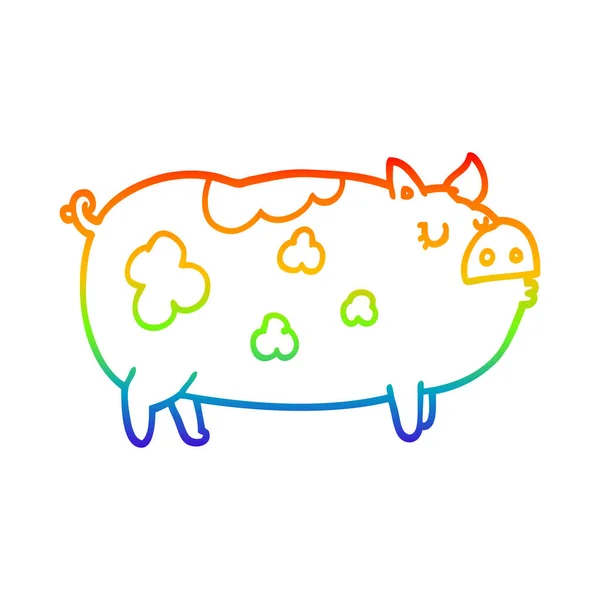 Радужная градиентная линия, рисующая мультяшную свинью — стоковый вектор