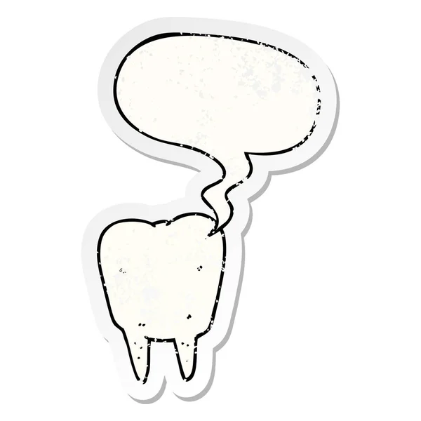 Karikatur-Zahn und Sprechblase verstörten Aufkleber — Stockvektor