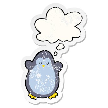 karikatür penguen ve sıkıntılı yıpranmış etiket olarak kabarcık düşünce