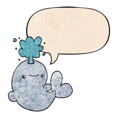 retro doku da karikatür balina spouting su ve konuşma balonu 