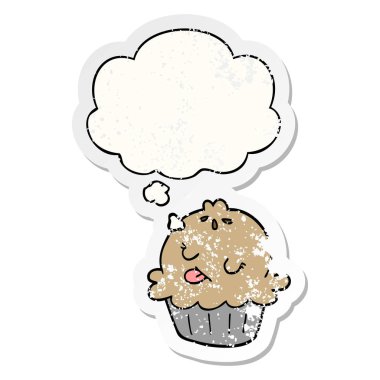 sevimli karikatür pasta ve sıkıntılı yıpranmış etiket olarak kabarcık düşünce