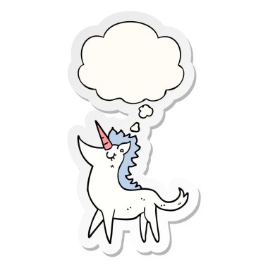 karikatür tek boynuzlu at ve baskılı bir etiket olarak kabarcık düşünce