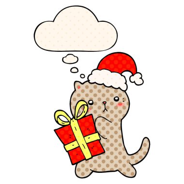 sevimli karikatür kedi noel hediyesi taşıyan ve düşünce balonu i