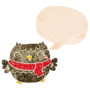 retro dokulu tarzı sevimli karikatür baykuş ve konuşma balonu