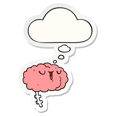 mutlu karikatür beyin ve basılı bir etiket olarak kabarcık düşünce