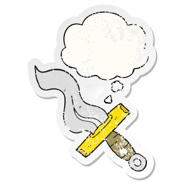 karikatür hançer ve sıkıntılı yıpranmış etiket olarak kabarcık düşünce