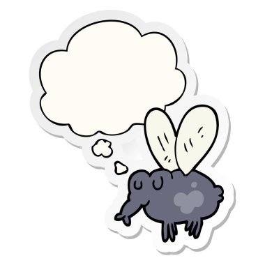 karikatür sinek ve basılı bir etiket olarak kabarcık düşünce