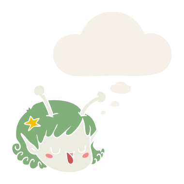 retro tarzında karikatür yabancı uzay kız yüz ve düşünce balonu