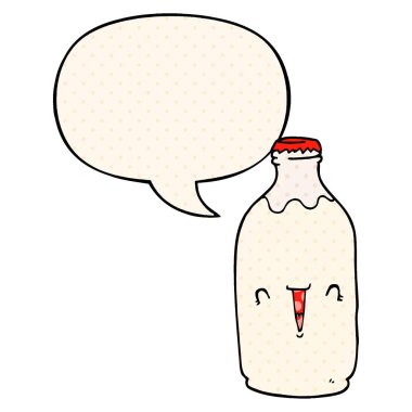 çizgi roman tarzında sevimli karikatür süt şişesi ve konuşma balonu