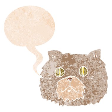 retro dokulu tarzda karikatür kedi yüz ve konuşma balonu