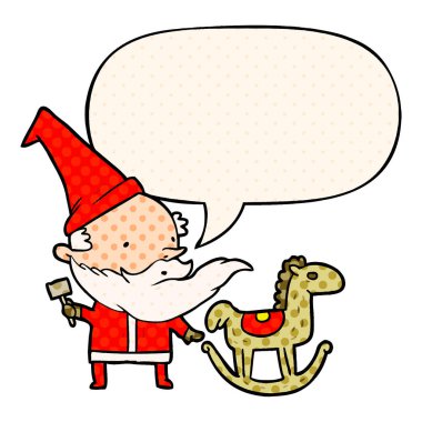 karikatür santa (veya elf) sallanan bir at ve konuşma balonu yapma 
