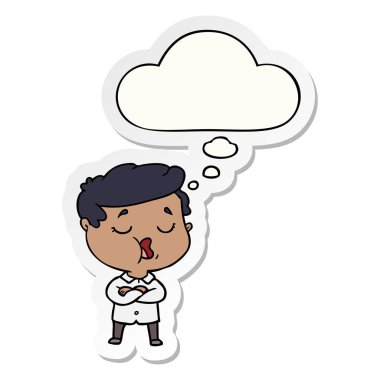 karikatür adam konuşma ve baskılı bir etiket olarak kabarcık düşünce