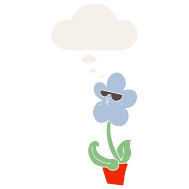 retro tarzında serin karikatür çiçek ve düşünce balonu