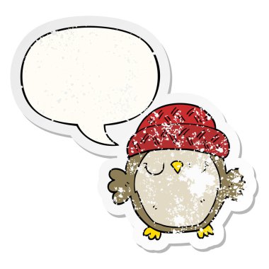 şapka ve konuşma balonu sıkıntılı etiket sevimli karikatür baykuş