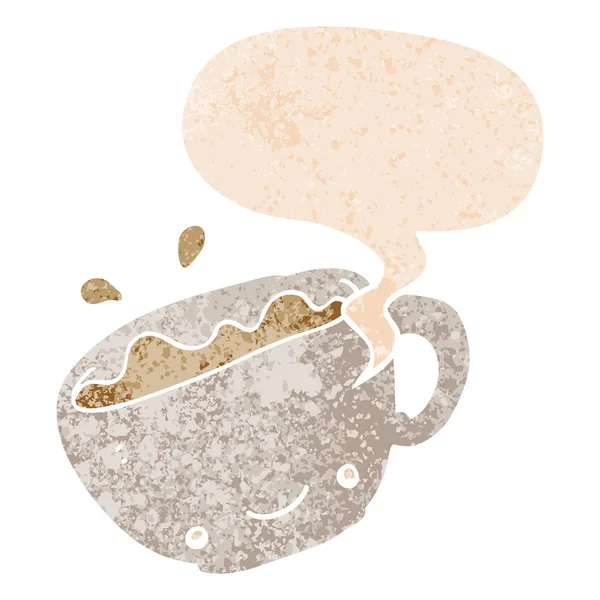 Desenho animado xícara de café e fala bolha no estilo retro texturizado — Vetor de Stock