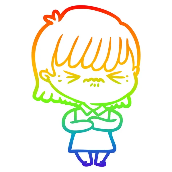 Rainbow gradient ligne dessin ennuyé dessin animé fille — Image vectorielle