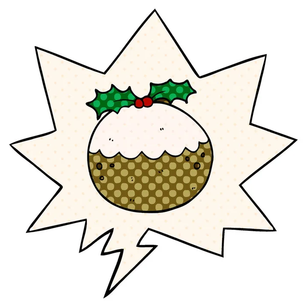 Cartoon Christmas pudding en toespraak bubble in Comic Book stijl — Stockvector