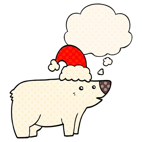 Ours de dessin animé portant un chapeau de Noël et bulle de pensée dans la bande dessinée b — Image vectorielle