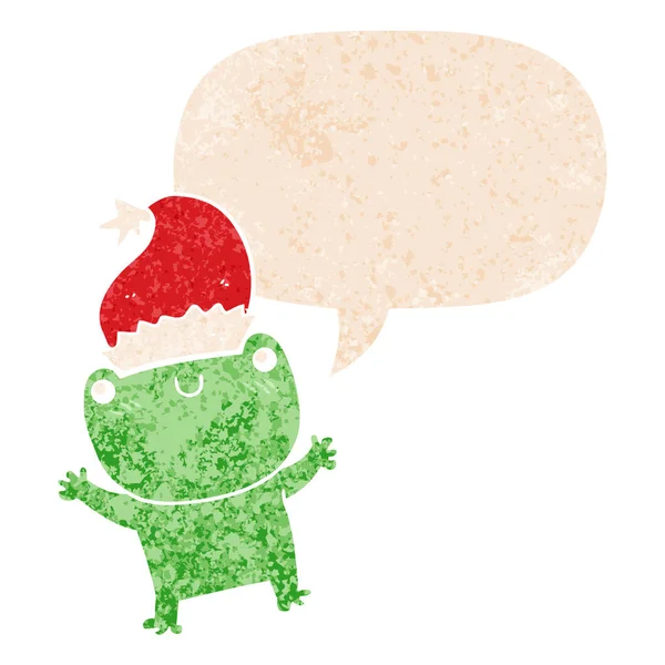 Cute cartoon frog wearing christmas hat and speech bubble in ret — Stock Vector