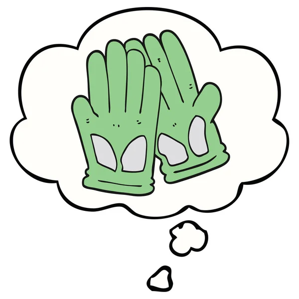 Guantes de trabajo jardín de dibujos animados y burbuja de pensamiento — Vector de stock