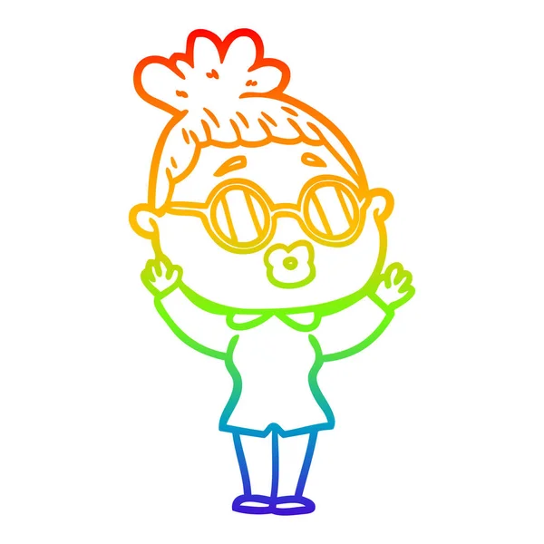 Arco iris gradiente línea dibujo dibujos animados mujer usando gafas — Vector de stock