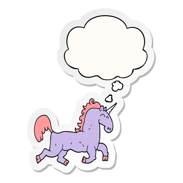 Cartoon Unicorn en dacht Bubble als een gedrukte sticker — Stockvector