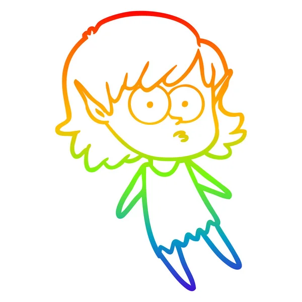 Rainbow gradient line drawing cartoon elf girl floating — Stock Vector