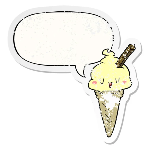 Cute cartoon ice cream and speech bubble distressed sticker — Stock Vector