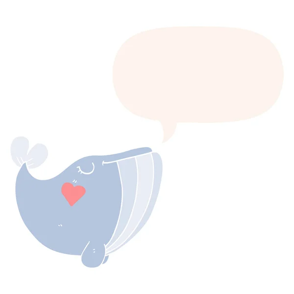 Ballena de dibujos animados y amor corazón y burbuja de habla en estilo retro — Vector de stock