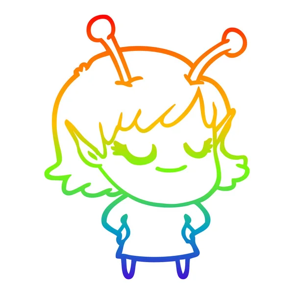 彩虹渐变线绘制微笑的外星人女孩卡通 — 图库矢量图片