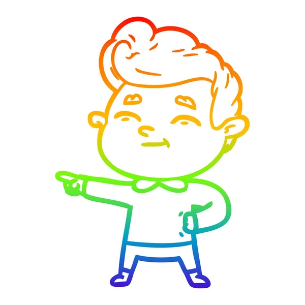 Regenboog gradiënt lijntekening gelukkig cartoon man pointing — Stockvector