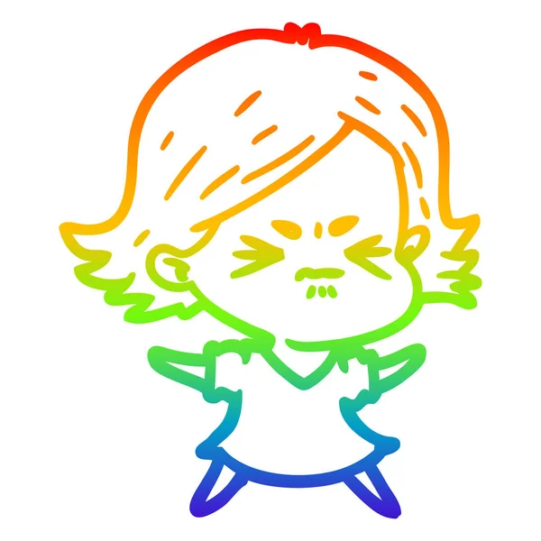 Regenboog gradiënt lijntekening cartoon boze vrouw — Stockvector