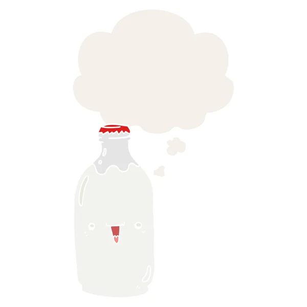 Linda botella de leche de dibujos animados y burbuja de pensamiento en estilo retro — Vector de stock