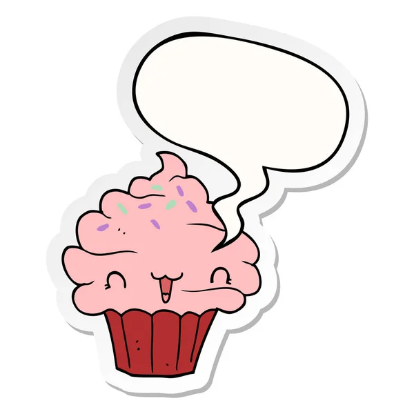 Lindo cupcake esmerilado de dibujos animados y pegatina de la burbuja del habla — Vector de stock