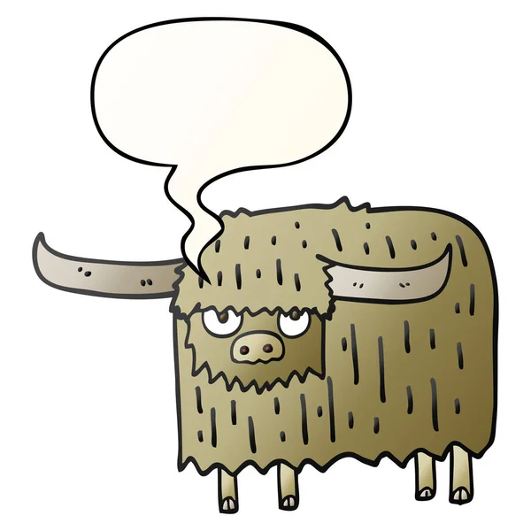 Dibujos animados vaca peluda y burbuja del habla en estilo gradiente suave — Vector de stock