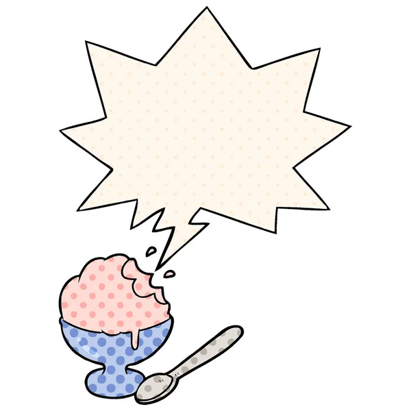 Παγωτό καρτούν επιδόρπιο σε μπολ και φούσκα ομιλίας σε κόμικ Μπου — Διανυσματικό Αρχείο