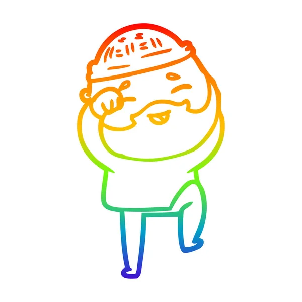 Rainbow gradient line drawing cartoon happy bearded man — Stock Vector