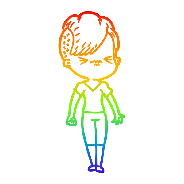 Rainbow gradient linje ritning Cartoon irriterad hipster flicka — Stock vektor