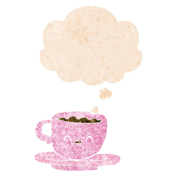 Desenho animado xícara quente de café e bolha de pensamento em retro texturizado s — Vetor de Stock