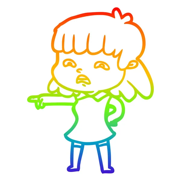 Arcobaleno gradiente linea disegno cartone animato preoccupato donna — Vettoriale Stock