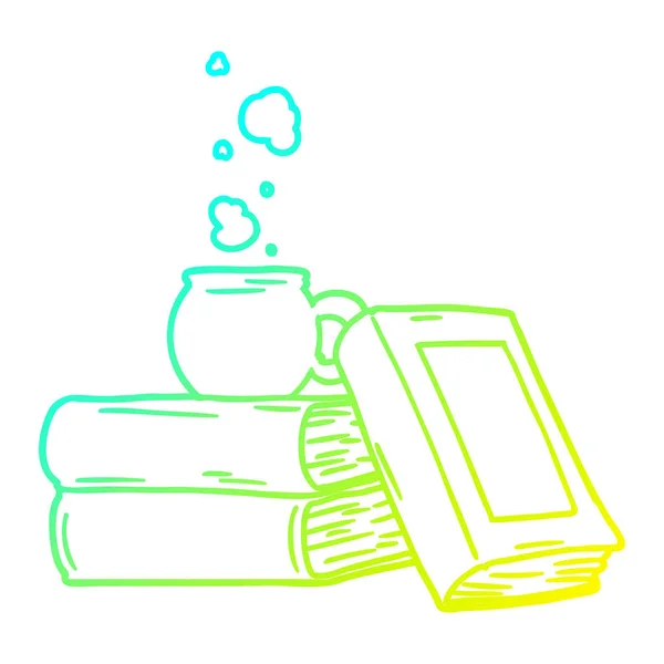 Obrázek studené přechodové čáry kreslený šálek kávy a studijní knihy — Stockový vektor