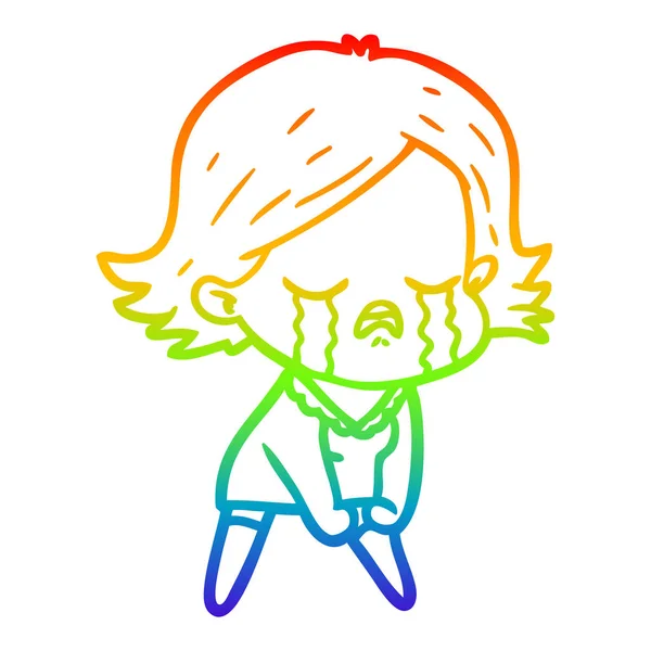 Rainbow gradient line drawing cartoon girl crying — Stock Vector