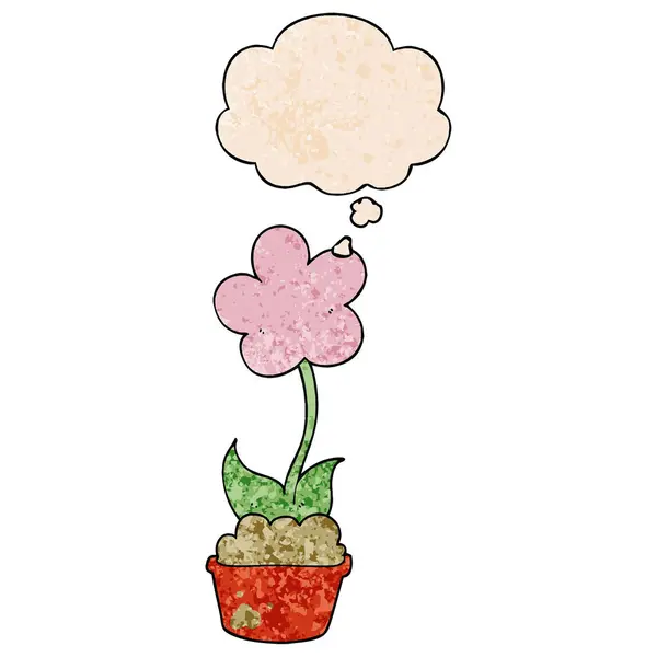 Roztomilá kreslená květinka a myšlenková bublina v grunge struktuře — Stockový vektor