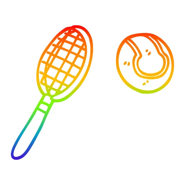 Arco iris gradiente línea dibujo dibujos animados raqueta de tenis y pelota — Archivo Imágenes Vectoriales